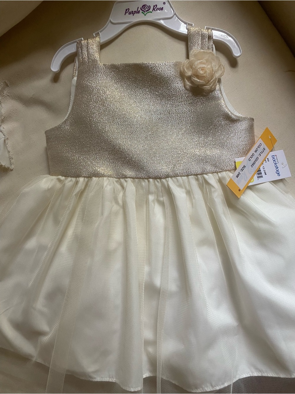 Ivory and Gold Flower-Accent Party Dress